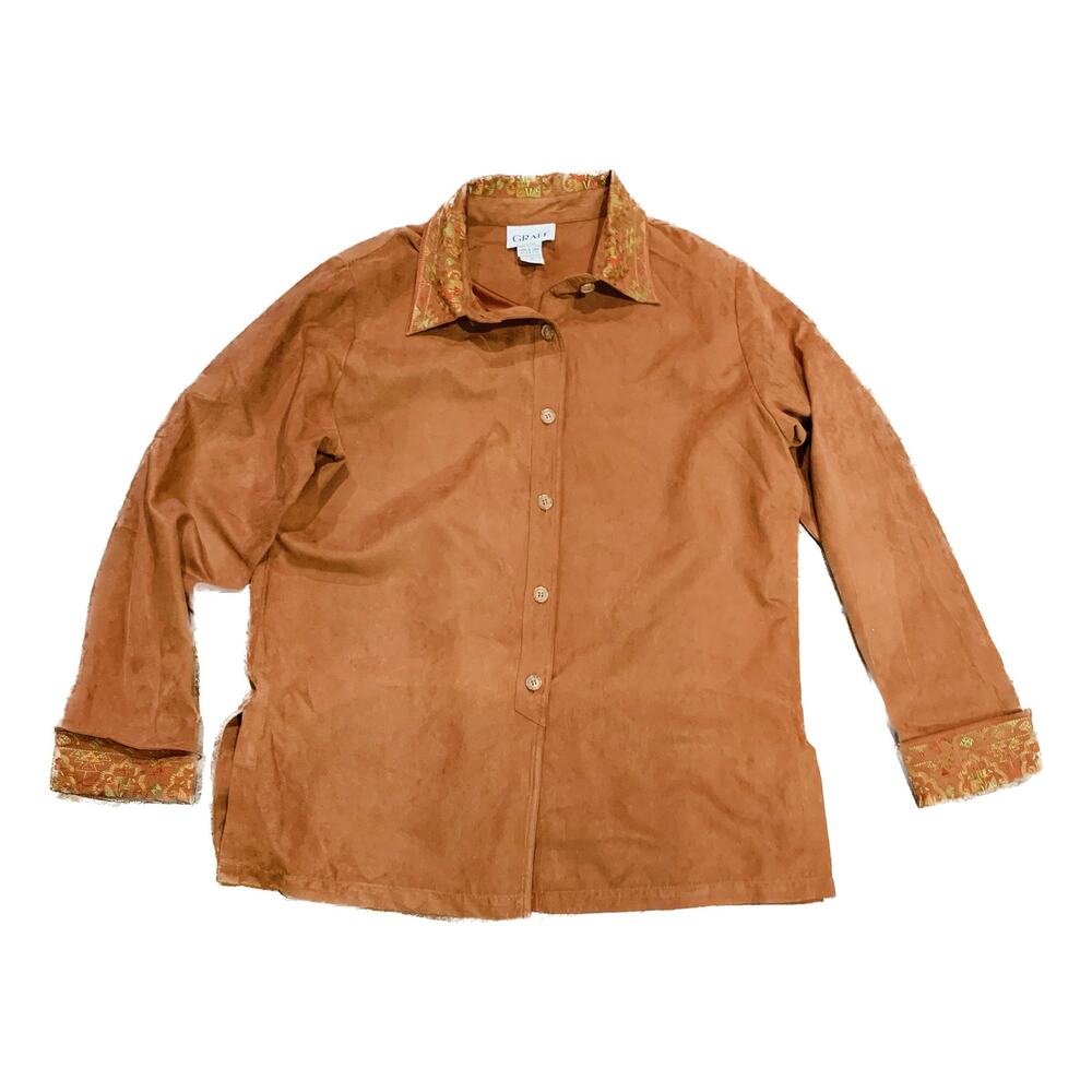 Vintage Button Down Shirt Womens Size Medium Long Sleeve Rust Brown Embroidery